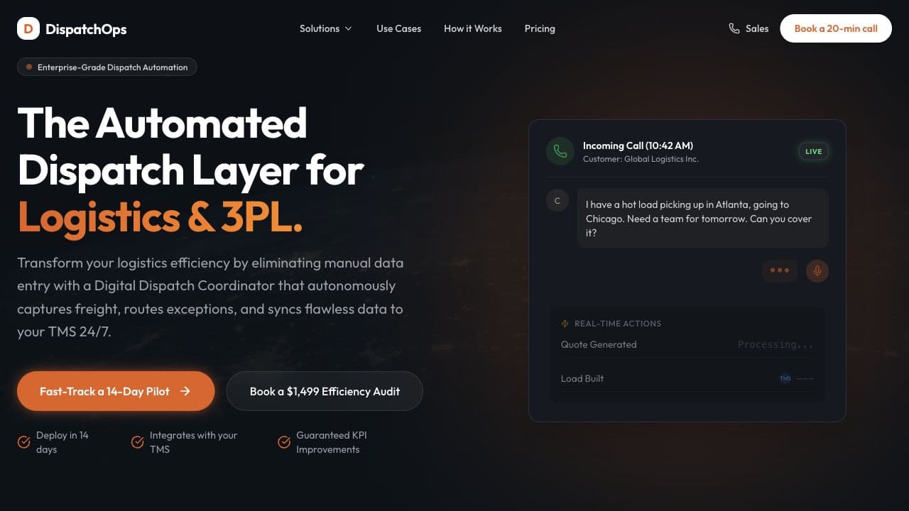 DispatchOps website preview showing an automated dispatch layer for logistics and 3PL.